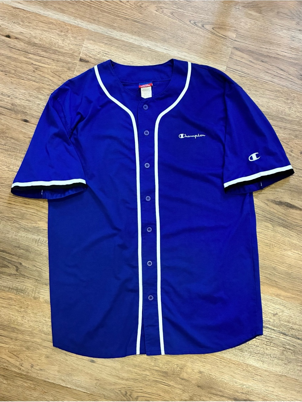 VTG Champion Men's XL Blue/White Button Down Baseball Short Sleeve Shirt